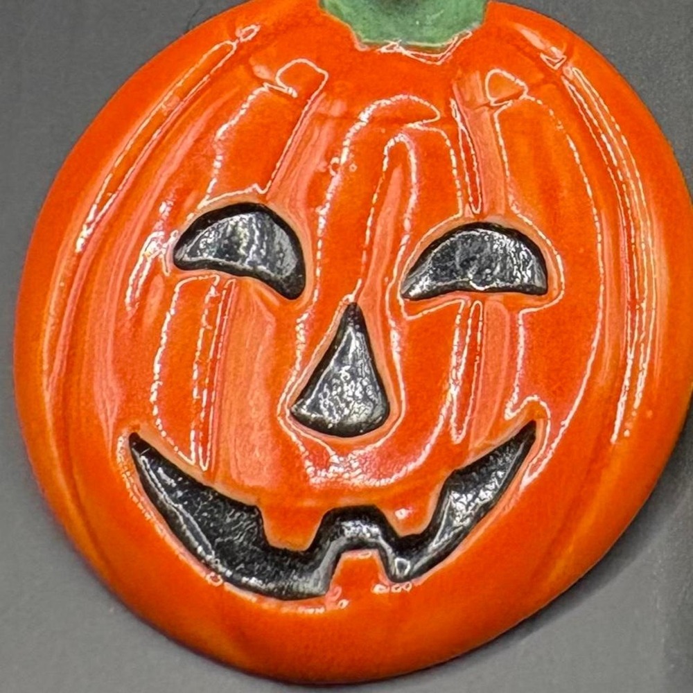 Vintage Pumpkin Brooch Jack O Lantern Halloween Kitsch Orange Spooky Pin